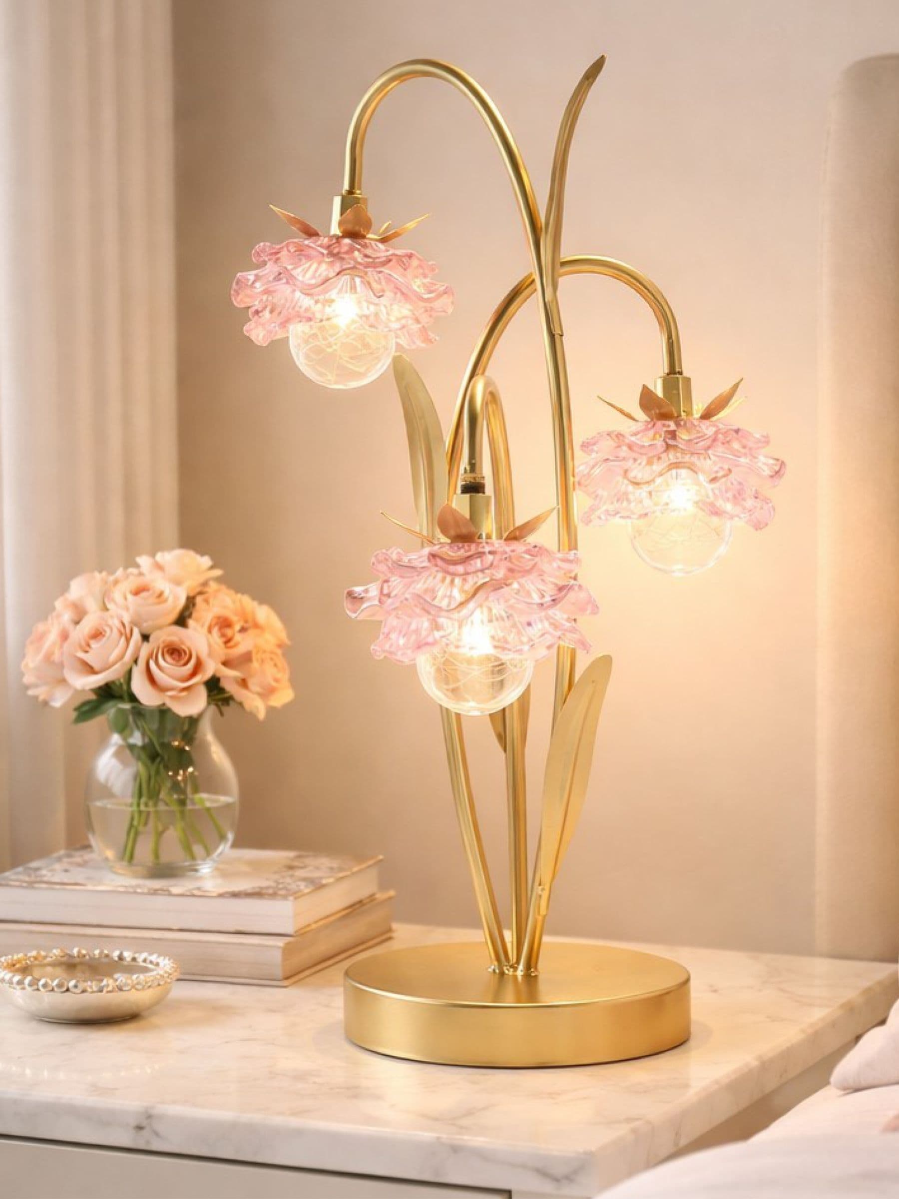 Hestia Pink 3 Stem Led Lamp With Glass Flower And Gold Base - Image 2