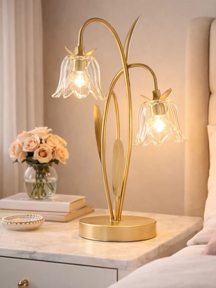 Widdop Gold 2 Stem LED Lamp With Glass Flower And Base - Image 1 of 4