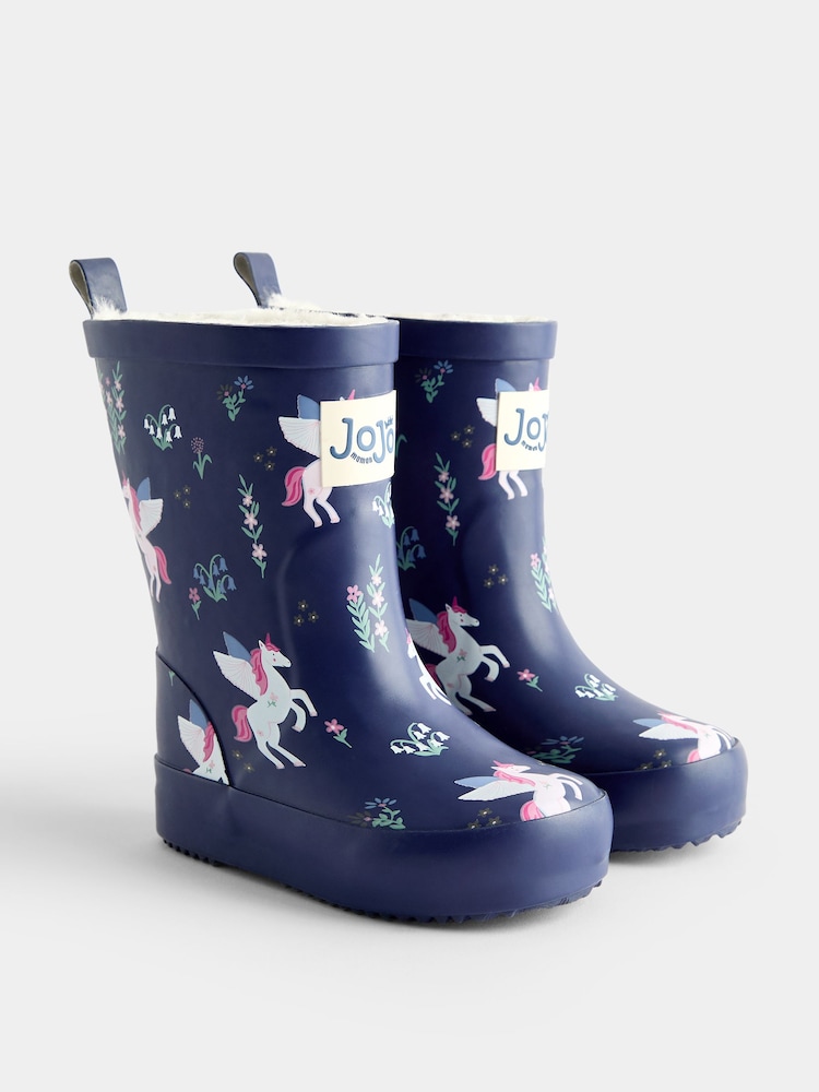 JoJo Maman Bébé Blue Unicorn Cosy Lined Wellies - Image 1 of 4