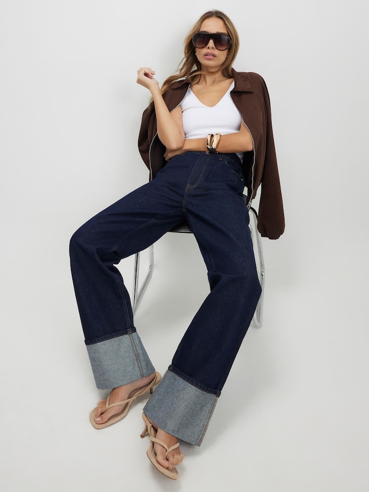 River Island Blue High Rise Relaxed Straight Turn Up Hem Jeans - Image 4 of 4