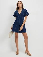River Island Blue Short Sleeve Denim Seam Detail Mini Dress - Image 2 of 4