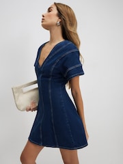 River Island Blue Short Sleeve Denim Seam Detail Mini Dress - Image 3 of 4