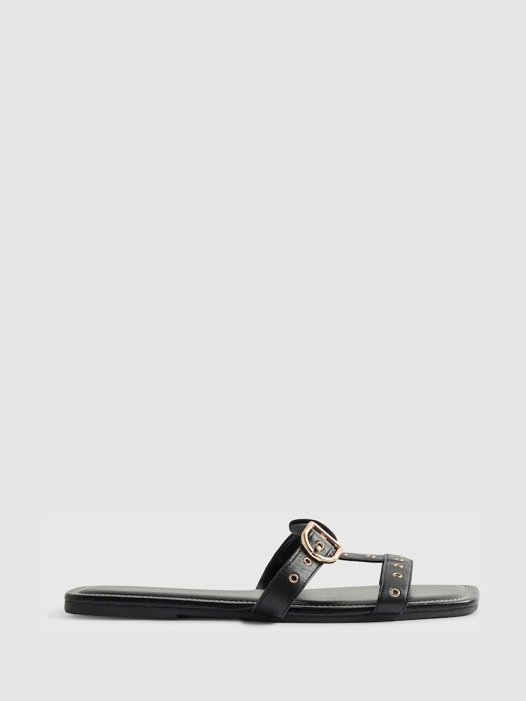 River Island Black Leather Buckle T-Bar Flat Sandals - Image 1 of 6 River Island Black Leather Buckle T-Bar Flat Sandals - Image 1 of 6