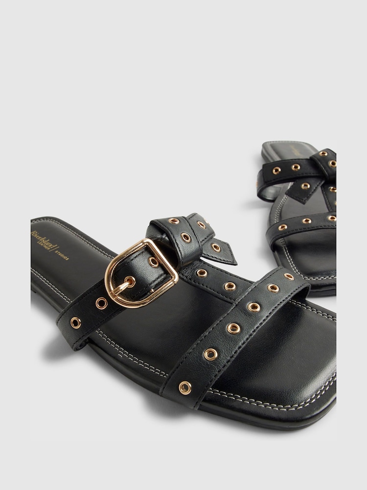 River Island Black Leather Buckle T-Bar Flat Sandals - Image 6 of 6 River Island Black Leather Buckle T-Bar Flat Sandals - Image 6 of 6
