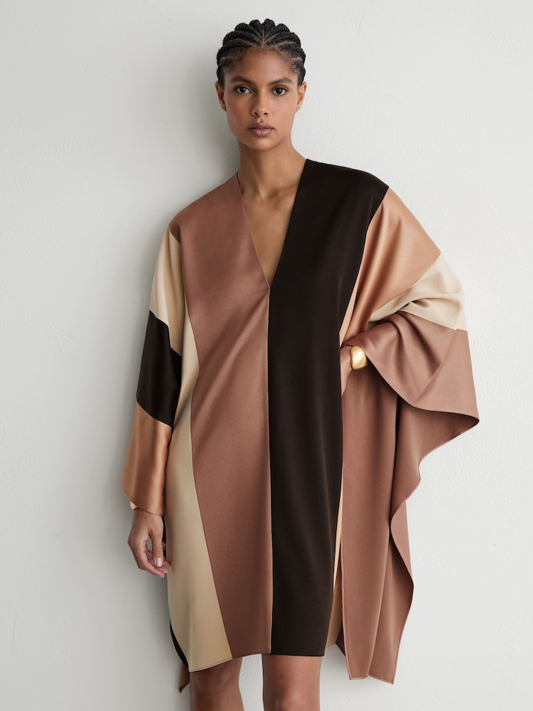 Reiss Chocolate Brown/Cream Ari Colour-Block Tunic Dress - Image 1 of 7