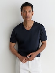Reiss Navy Baron Air-Water-Cotton V-Neck Tailored-Fit T-Shirt - Image 1 of 4