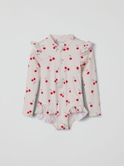 Polarn O. Pyret White Cherry Print Frill Zip-up Swimsuit - Image 1 of 3