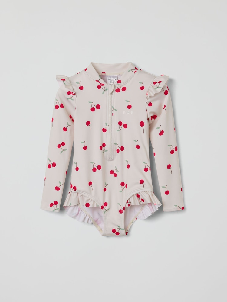 Polarn O. Pyret White Cherry Print Frill Zip-up Swimsuit - Image 1 of 3