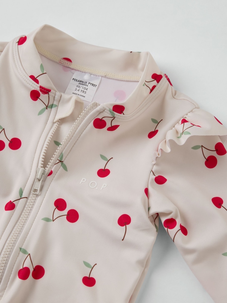 Polarn O. Pyret White Cherry Print Frill Zip-up Swimsuit - Image 2 of 3
