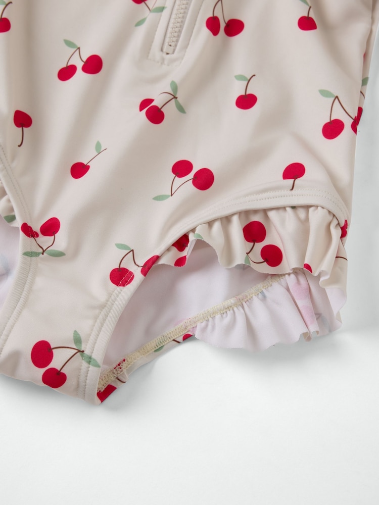 Polarn O. Pyret White Cherry Print Frill Zip-up Swimsuit - Image 4 of 4