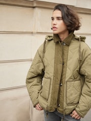BHOEM Khaki Green Contrasted Quilted Padded Coat Removable Hoodie - Image 3 of 6