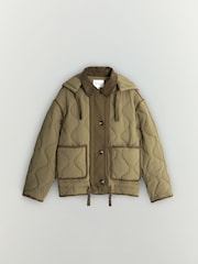 BHOEM Khaki Green Contrasted Quilted Padded Coat Removable Hoodie - Image 6 of 6