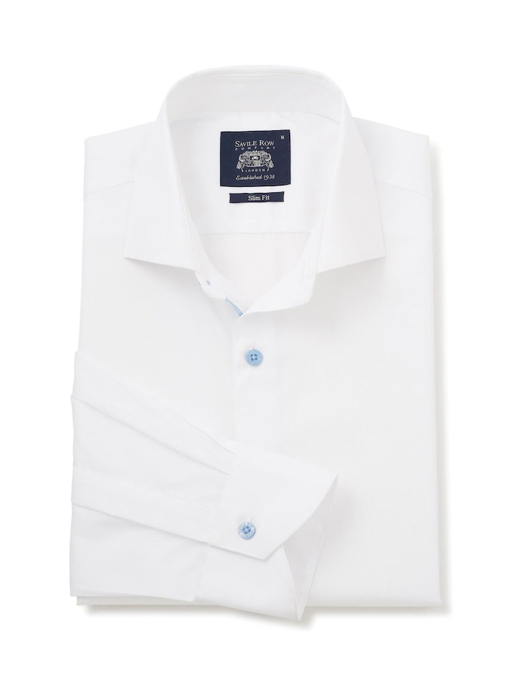 Savile Row Company White Cotton Slim Fit Blue Button Smart-Casual Single Cuff Shirt - Image 2 of 4 Savile Row Company White Cotton Slim Fit Blue Button Smart-Casual Single Cuff Shirt - Image 2 of 4