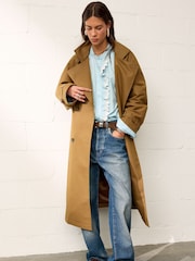 BHOEM Toffee Funnel Collar Oversized Belted Cotton Blend Trench Jacket - Image 1 of 5