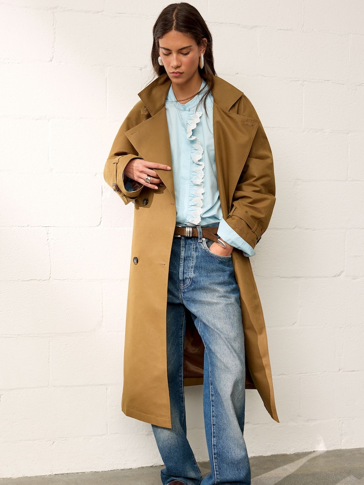BHOEM Toffee Funnel Collar Oversized Belted Cotton Blend Trench Jacket - Image 1 of 5 BHOEM Toffee Funnel Collar Oversized Belted Cotton Blend Trench Jacket - Image 1 of 5