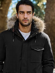 Black Shower Resistant Faux Fur Hooded Parka With Quilted Lining - Image 4 of 11
