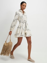 River Island Cream Long Sleeve Embroidered Belted Shirt Dress - Image 1 of 4