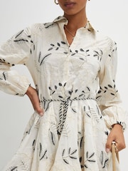 River Island Cream Long Sleeve Embroidered Belted Shirt Dress - Image 3 of 4
