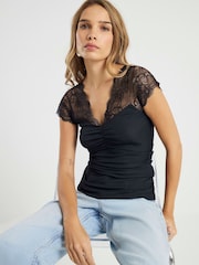 River Island Short Sleeve Lace Trim Ruched Top - Bild 2 von 4