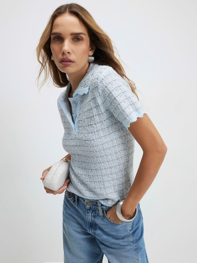 River Island Blue Short Sleeve Boucle Collared Top - Image 1 of 4