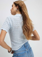River Island Blue Short Sleeve Boucle Collared Top - Image 4 of 4