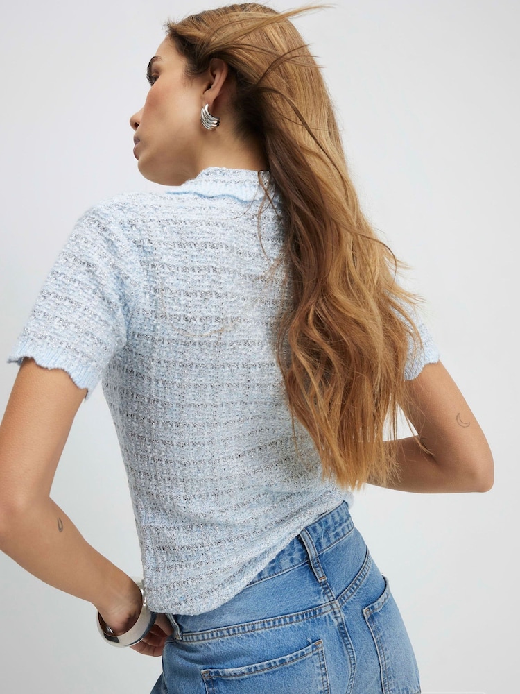 River Island Blue Short Sleeve Boucle Collared Top - Image 4 of 4