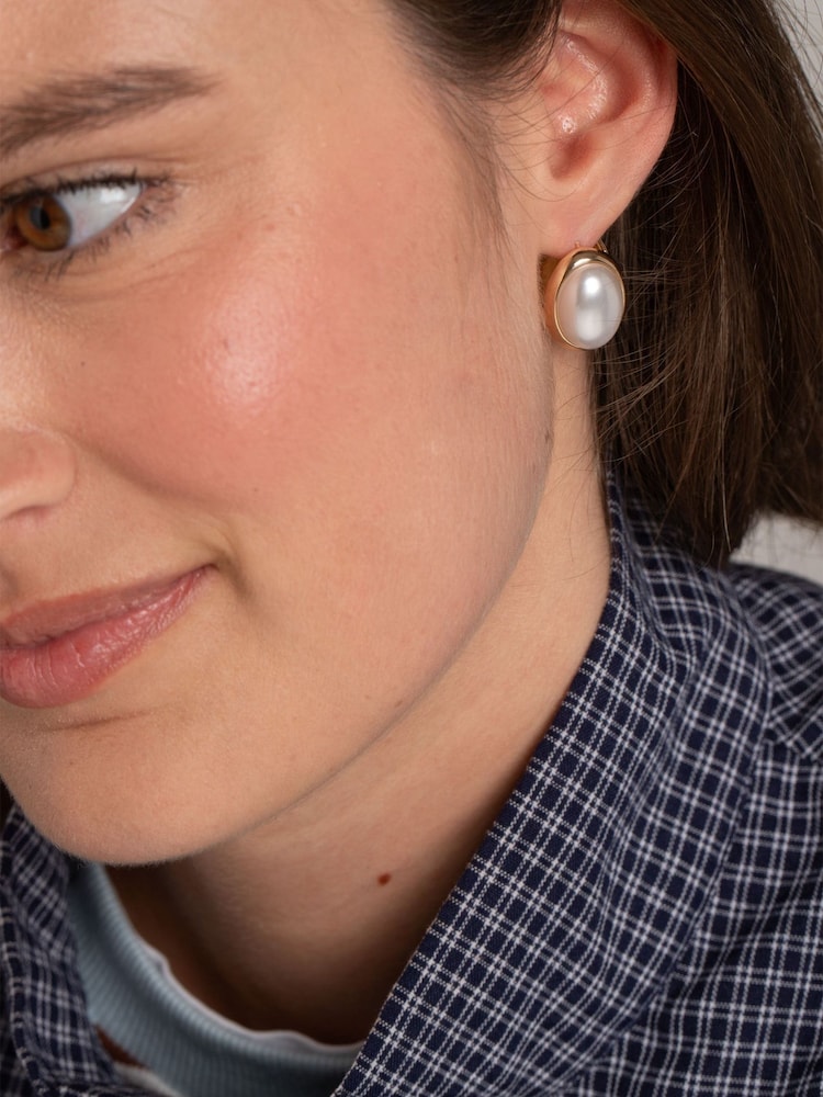 Aela Gold Tone Pearl Clicker Hoop Earrings - Image 1 of 3 Aela Gold Tone Pearl Clicker Hoop Earrings - Image 1 of 3