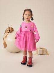 Bright Pink Christmas Long Sleeve Sweat Mesh Dress (3mths-7yrs) - Image 1 of 8