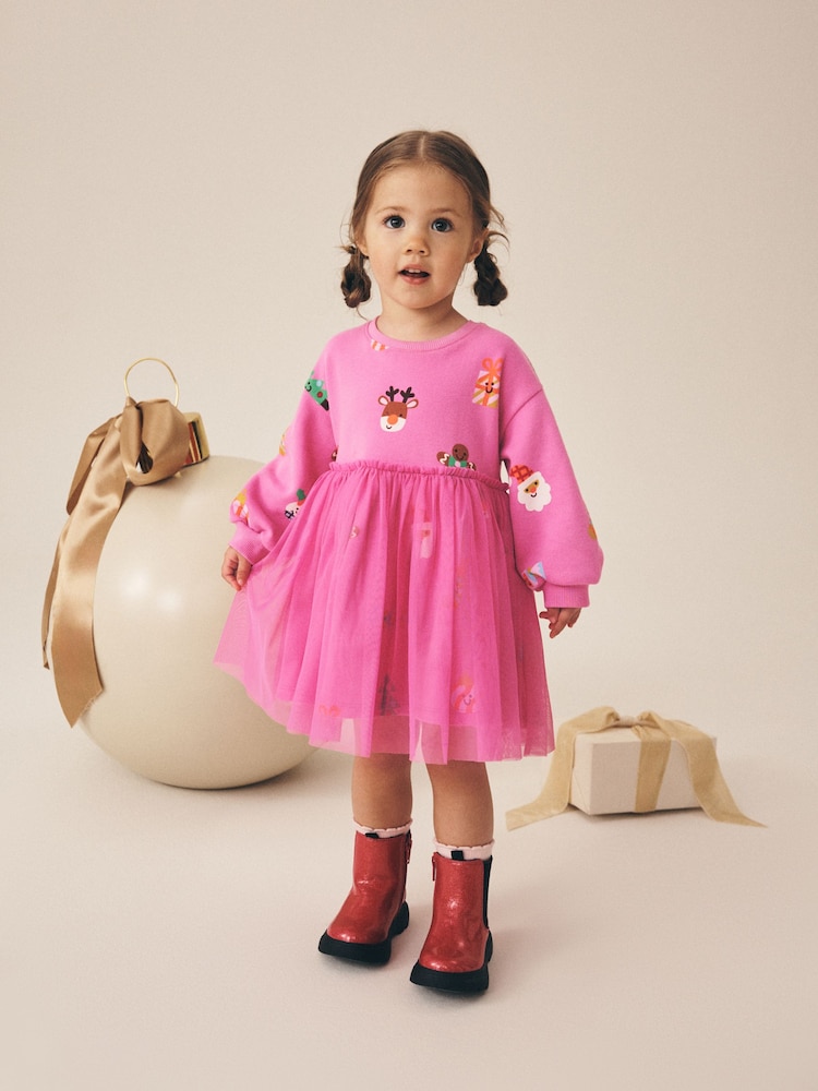 Bright Pink Christmas Long Sleeve Sweat Mesh Dress (3mths-7yrs) - Image 1 of 8