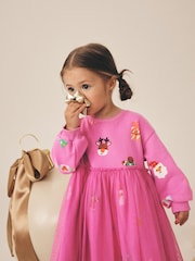 Bright Pink Christmas Long Sleeve Sweat Mesh Dress (3mths-7yrs) - Image 2 of 8