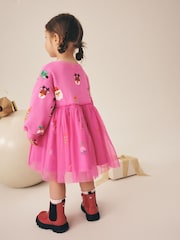 Bright Pink Christmas Long Sleeve Sweat Mesh Dress (3mths-7yrs) - Image 3 of 8