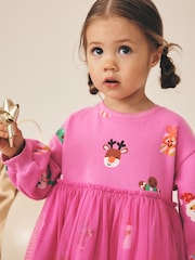Bright Pink Christmas Long Sleeve Sweat Mesh Dress (3mths-7yrs) - Image 4 of 8