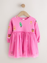 Bright Pink Christmas Long Sleeve Sweat Mesh Dress (3mths-7yrs) - Image 5 of 8