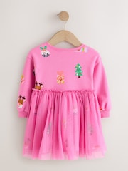 Bright Pink Christmas Long Sleeve Sweat Mesh Dress (3mths-7yrs) - Image 6 of 8