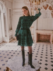 Love & Roses X V&A Forest Green Flocked Belted Mini Dress - Image 3 of 4