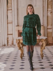 Love & Roses X V&A Forest Green Flocked Belted Mini Dress - Image 4 of 4