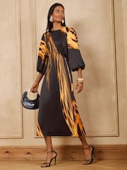 Love & Roses Black Golden Abstract Print Satin Midi Dress - Image 1 of 5