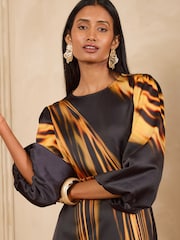 Love & Roses Black Golden Abstract Print Satin Midi Dress - Image 2 of 5