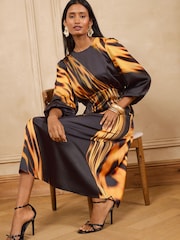 Love & Roses Black Golden Abstract Print Satin Midi Dress - Image 3 of 5