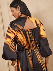 Love & Roses Black Golden Abstract Print Satin Midi Dress - Image 4 of 5
