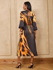 Love & Roses Black Golden Abstract Print Satin Midi Dress - Image 5 of 5