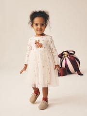Cream Christmas Reindeer Long Sleeve Ribbed Mesh Dress (3mths-7yrs) - Image 1 of 3