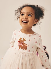 Cream Christmas Reindeer Long Sleeve Ribbed Mesh Dress (3mths-7yrs) - Image 2 of 3