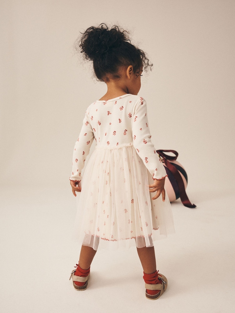 Cream Christmas Reindeer Long Sleeve Ribbed Mesh Dress (3mths-7yrs) - Image 3 of 3