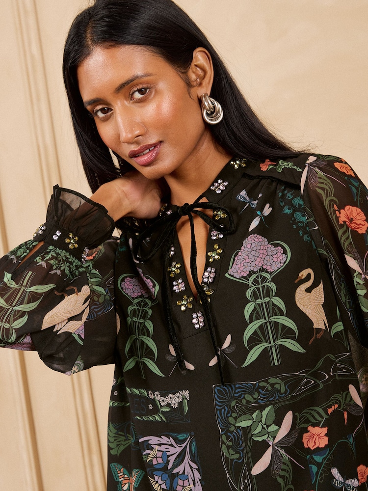 Love & Roses X V&A Black  Printed Embellished Neck Drop Waist Mini Dress - Image 2 of 6
