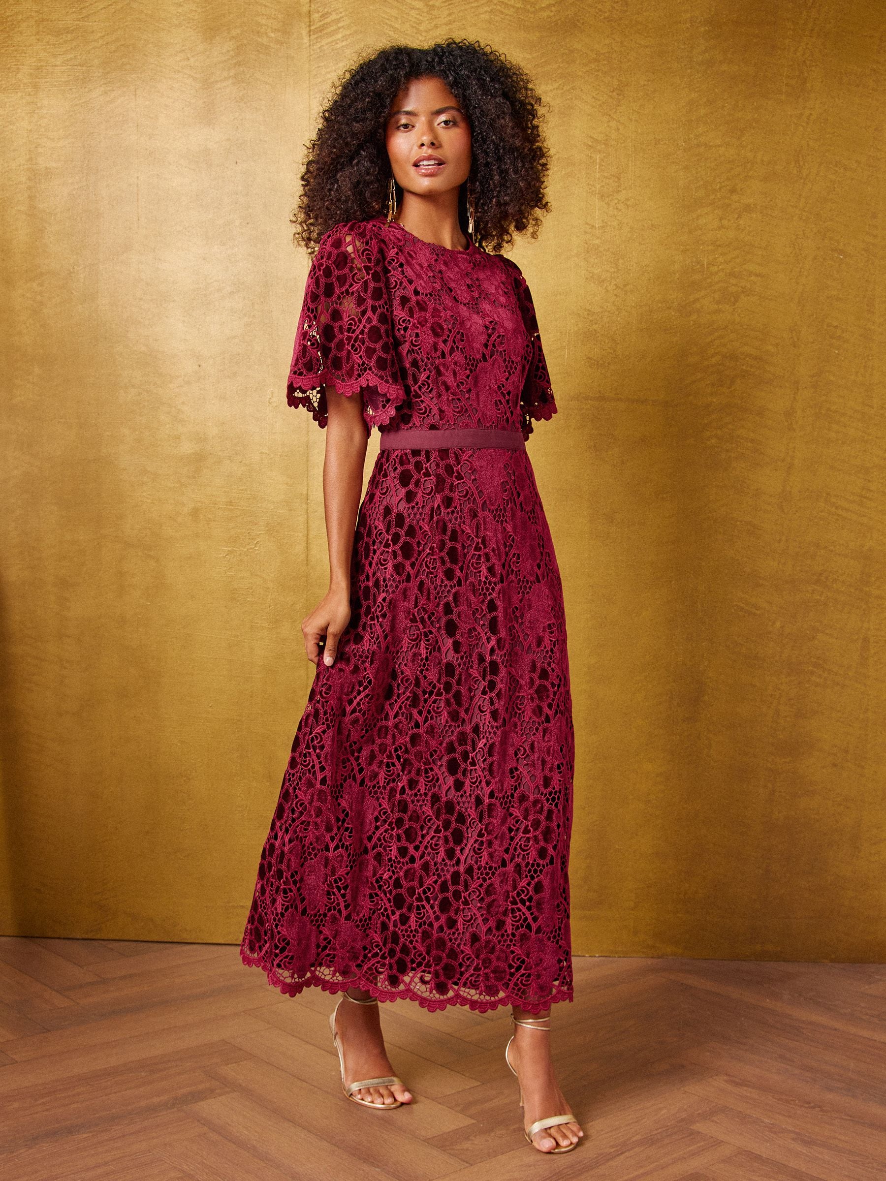 Buy Love & Roses Red Velvet Lace Angel Sleeve Midi Dress from the