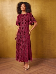 Love & Roses Red Velvet Lace Angel Sleeve Midi Dress - Image 3 of 5