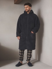 Slate Grey Zip Through Borg Dressing Gown - Image 1 of 8