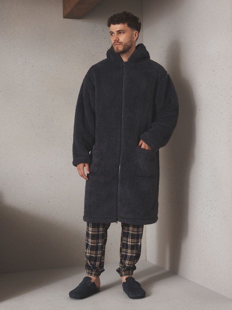 Slate Grey Zip Through Borg Dressing Gown - Image 1 of 8 Slate Grey Zip Through Borg Dressing Gown - Image 1 of 8