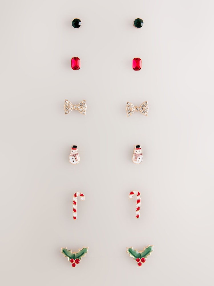 Gold Tone Christmas Stud Earrings 6 Pack - Image 1 of 3